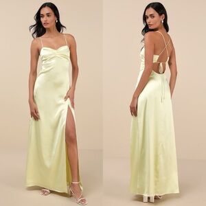 LULUS Stunning Example Light Yellow Satin Backless Maxi Dress